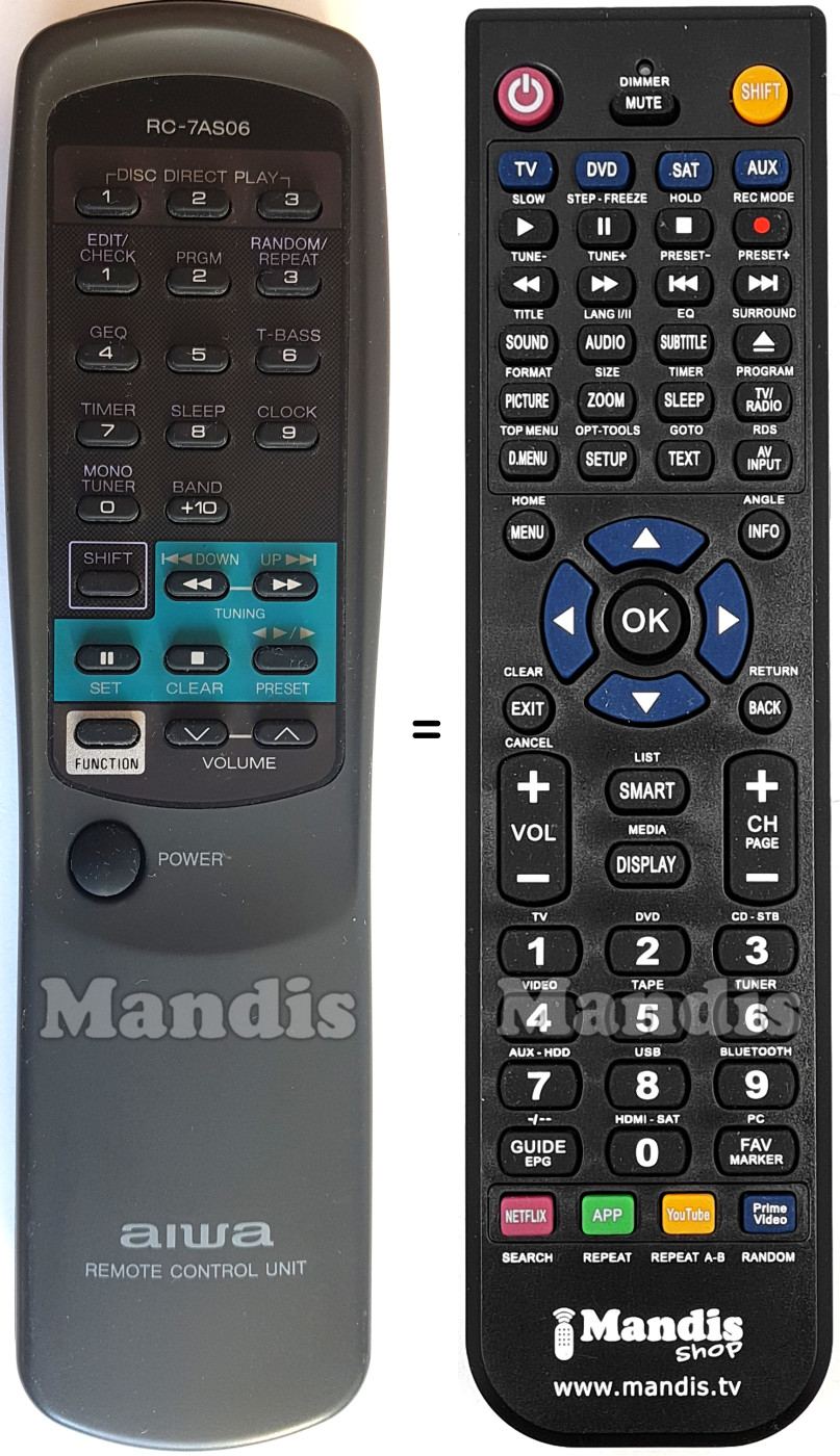 Gleichwertige Fernbedienung Aiwa RC-7 AS 06